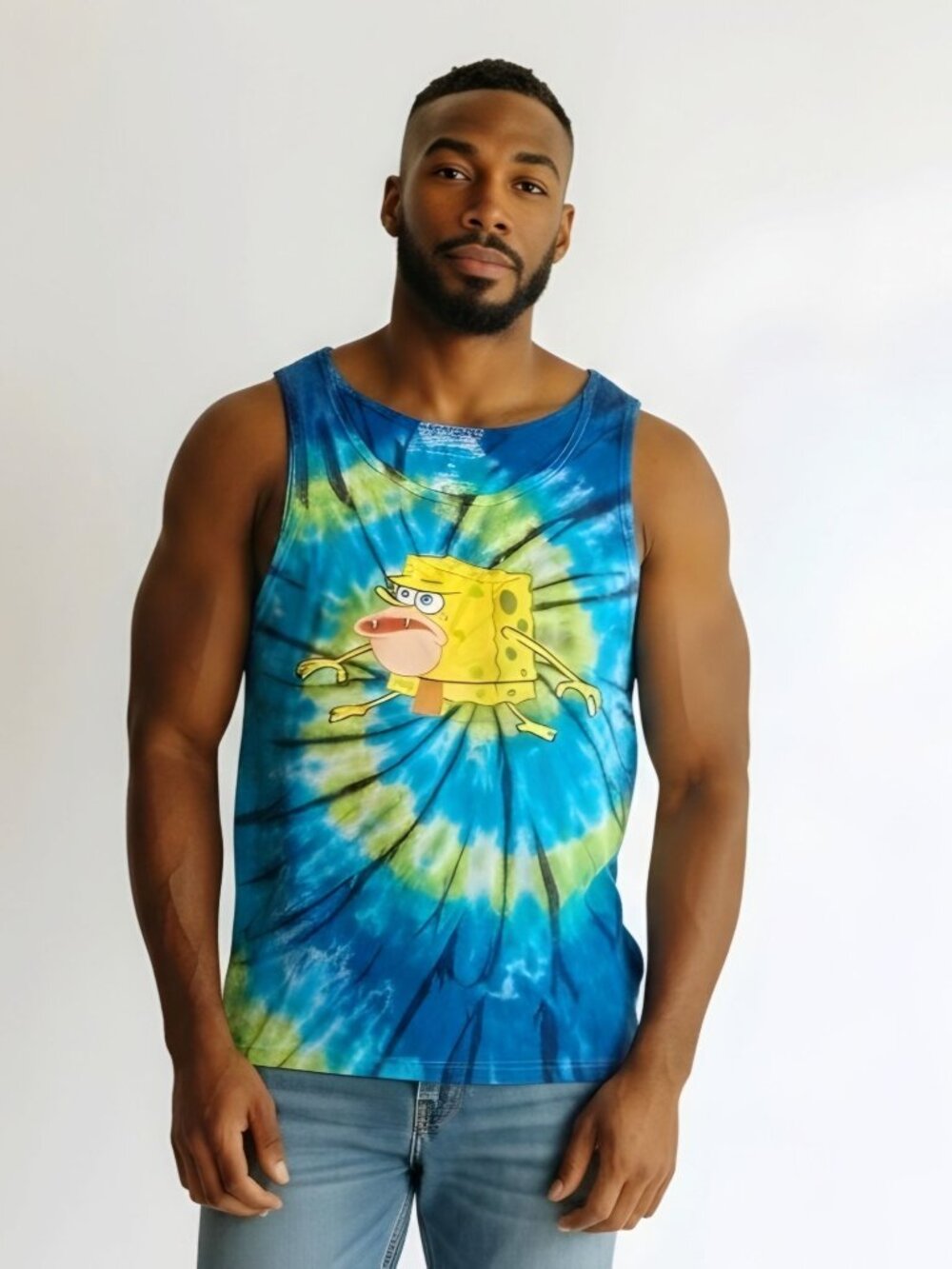 Nickelodeon Tie‑Dye Tank Top ✦ Blue Green Graphic Sleeveless ✦ SpongeBob Meme M